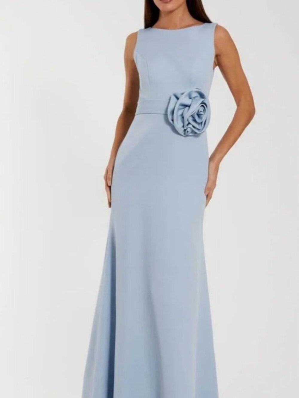 Mac Duggal Blue Boat Neck Crepe A Line Gown With Flower Size 8